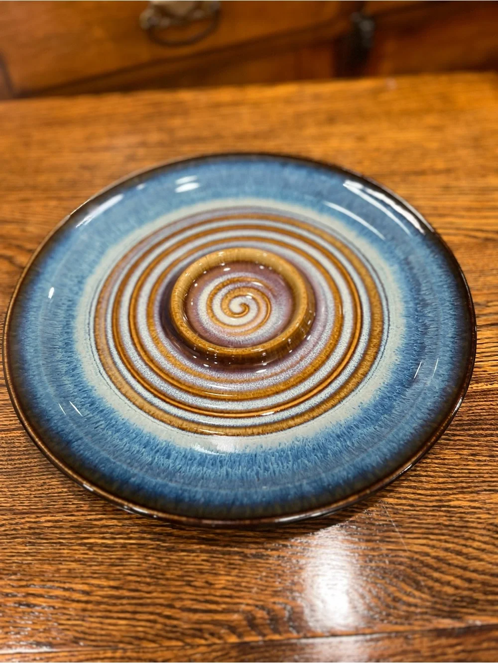 12” Blue & Brown Studio Pottery Platter/Serving Dish or Decor Handmade Artsy